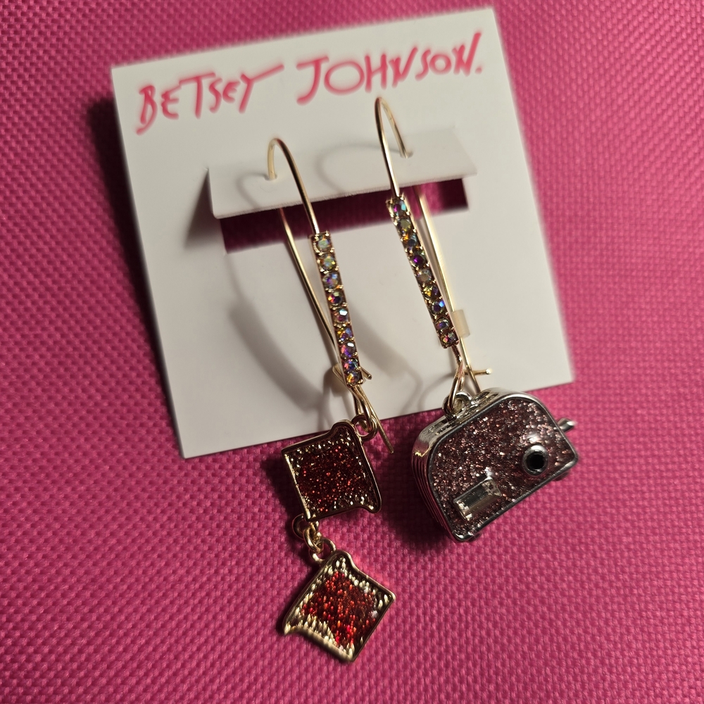 Betsey Johnson Gold-Tone Drop Earrings with Red & Pink Glitter Charms